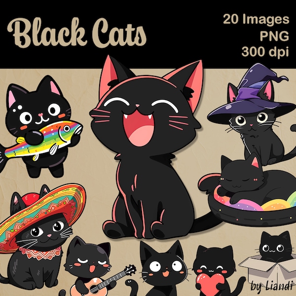 Kawaii Black Cats Clipart - 20 Cute Black Kitten Graphics for DIY Projects, Transparent PNG for Commercial Use