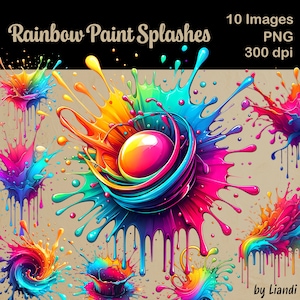 Rainbow Paint Splashes Clipart - 10 Colorful Paint Splash Designs for Sublimation, Transparent PNG for Commercial Use