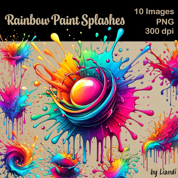 Rainbow Paint Splashes Clipart - 10 Colorful Paint Splash Designs for Sublimation, Transparent PNG for Commercial Use