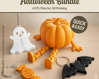 Flexi Halloween STL-bundel - 3D-afdrukbestanden, zittende pompoen, sleutelhangers (digitale download, commercieel gebruik)