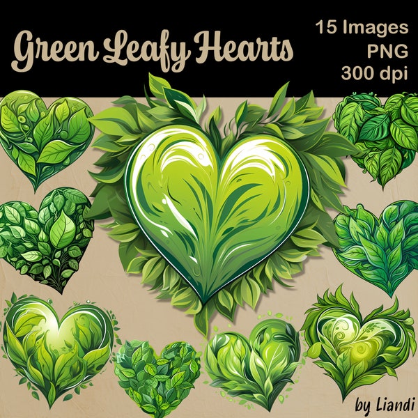 Leafy Hearts Clipart - 15 Fresh Green Nature Love Graphics for DIY Projects, Transparent PNG for Commercial Use