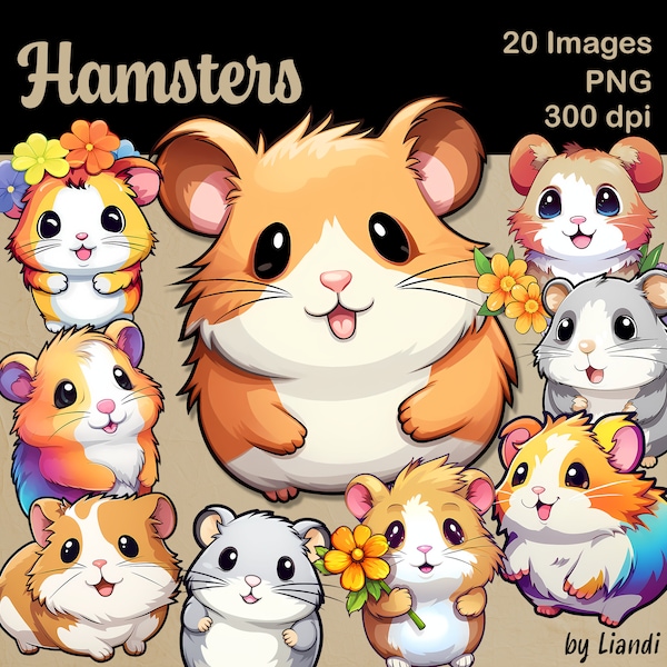 Kawaii Hamsters Clipart - 20 Cute and Colorful Hamster Graphics for DIY Projects, Transparent PNG for Commercial Use