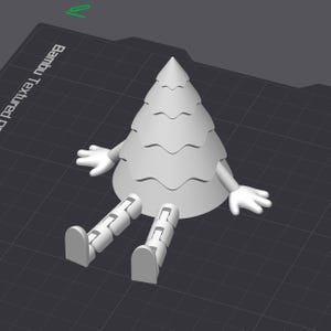 May include: A 3D-printed, light gray Christmas tree figure with arms, hands, and legs. The tree has a conical shape with layered, wavy branches. The figure is sitting down with its legs extended and arms at its sides.