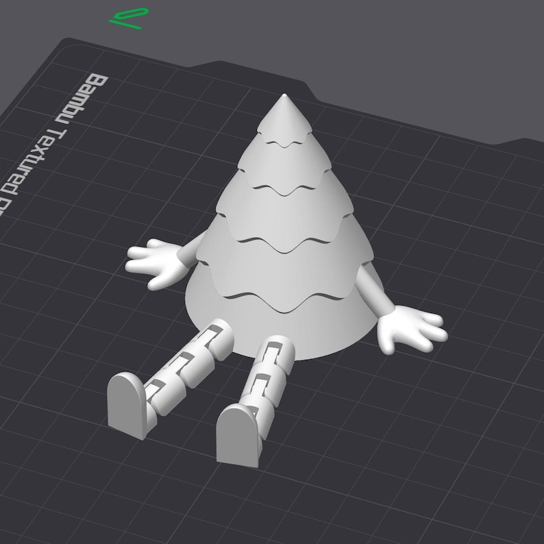 May include: A 3D-printed, light gray Christmas tree figure with arms, hands, and legs. The tree has a conical shape with layered, wavy branches. The figure is sitting down with its legs extended and arms at its sides.
