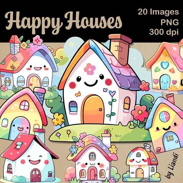 Kawaii Houses Clipart - 20 Cute and Colorful Home Graphics for DIY Projects, Transparent PNG for Commercial Use