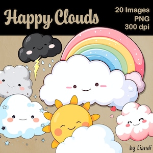 Kawaii Clouds Clipart - 20 Cute Weather Graphics for DIY Projects, Transparent PNG for Commercial Use