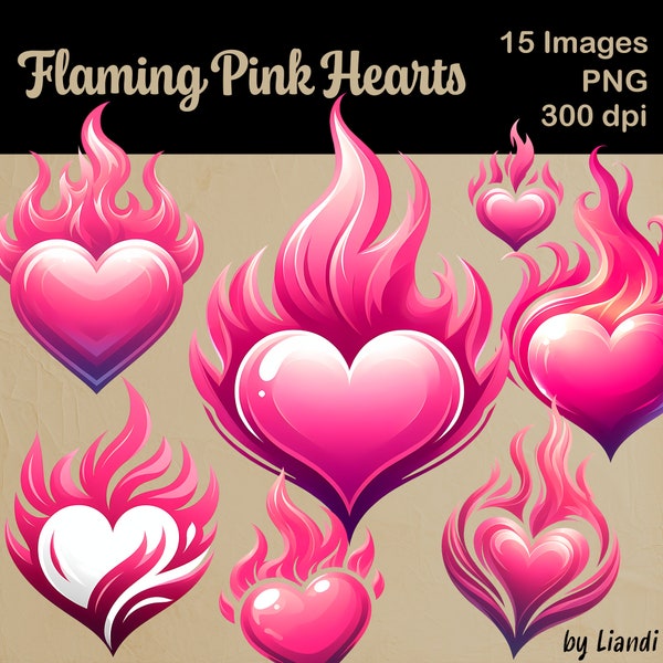 Flaming Pink Hearts Clipart - 15 Burning Pink Heart Graphics with Flames for DIY Projects, Transparent PNG for Commercial Use