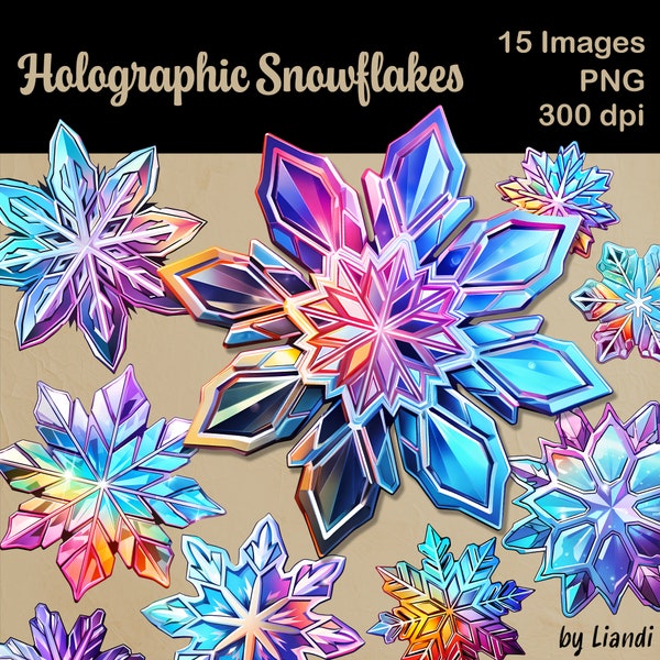 Holographic Snowflakes Clipart - 15 Colorful Iridescent Winter Graphics for DIY Projects, Transparent PNG for Commercial Use