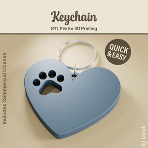 Llavero STL con forma de corazón y huella de gato - Archivo de impresión 3D (Descarga digital, uso comercial)
