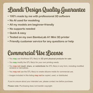 May include: A beige graphic with the text "Liandi Design Quality Guarantee" and "Commercial Use License". The text details the product's features, including being beginner-friendly and tested on a 3D printer. It also outlines the commercial use license.