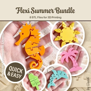 Puede incluir: Llaveros coloridos que incluyen un caballito de mar naranja, un sol amarillo, una palmera rosa, un helado verde y un delfín azul. La imagen se titula "Flexi Summer Bundle" con 8 archivos STL para impresión 3D. También se ve el texto "Quick & Easy".