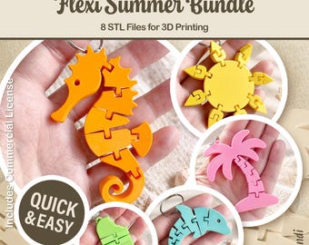 8 Flexi Summer Keychains - 3D Printing STL Bundle, Beach, Ocean, Bag Charms (Commercial Use)