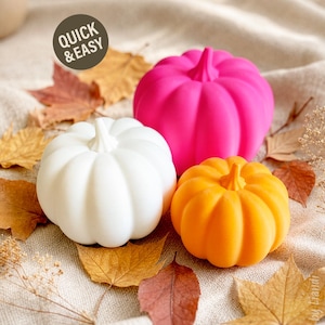 May include: Three decorative pumpkins in white, bright pink, and orange, each featuring a smooth, ribbed surface and a central stem. A circular dark brown badge with the white text QUICK & EASY is positioned in the upper left corner.