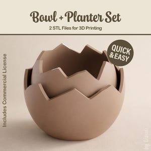 Könnte beinhalten: Ein Set aus zwei braunen, eiförmigen Schalen oder Pflanzgefäßen. Die Schalen haben ein gezacktes, rissiges Kantendesign. Der Text auf dem Bild lautet "Bowl + Planter Set" und "2 STL Files for 3D Printing". Das Bild enthält auch den Text "Quick & Easy".