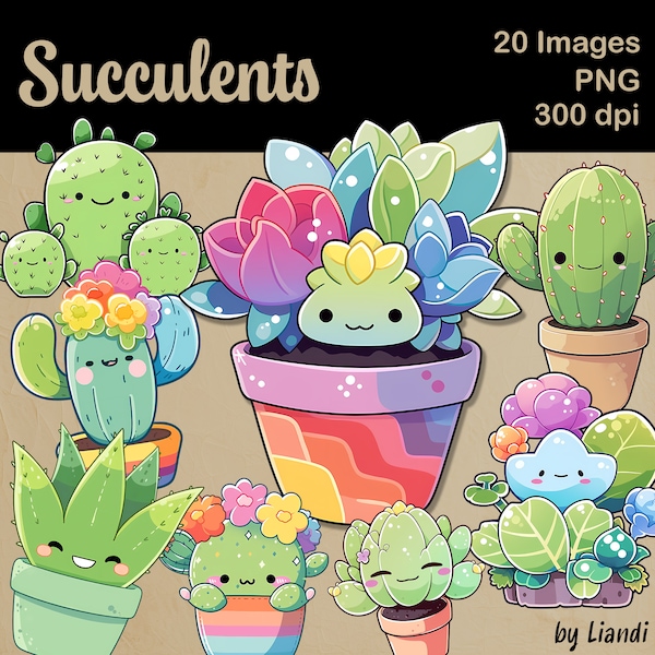 Kawaii Succulents Clipart - 20 Cute and Colorful Succulent and Cactus Graphics for DIY Projects, Transparent PNG for Commercial Use