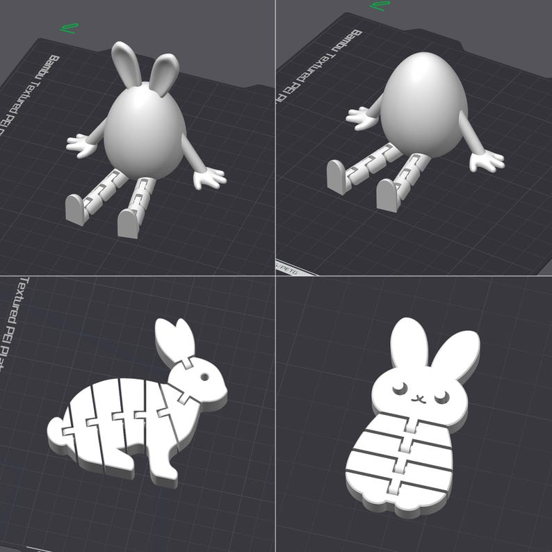 May include: Four white 3D-printed bunny figures. Two figures are egg-shaped with articulated arms, legs, and bunny ears. The other two are bunny-shaped, one with a segmented body and the other with a striped body and closed eyes. All are on a dark surface.
