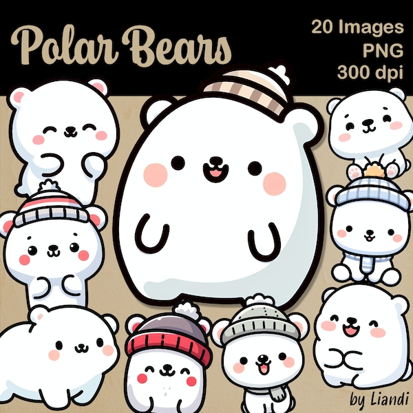 Kawaii Polar Bears Clipart - 20 Cute and Happy Polar Bear Graphics for DIY Projects, Transparent PNG for Commercial Use