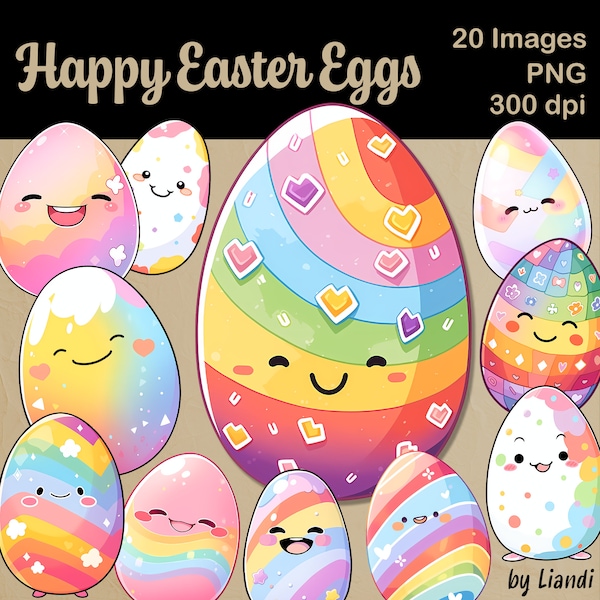Kawaii Easter Eggs Clipart - 20 Cute and Happy Easter Egg Graphics for DIY Projects, Transparent PNG for Commercial Use