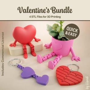 Zestaw Flexi Valentine's STL – siedzące serce, doniczka, breloki (do pobrania w wersji cyfrowej, do użytku komercyjnego)