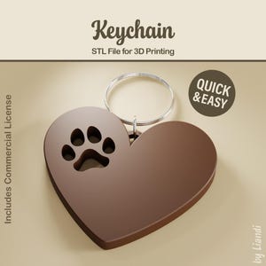 Porte-clés STL coeur empreinte de patte de chien - fichier d'impression 3D (téléchargement numérique, utilisation commerciale)