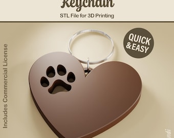 Dog Paw Print Heart STL Keychain - 3D Print File (Digital Download, Commercial Use)