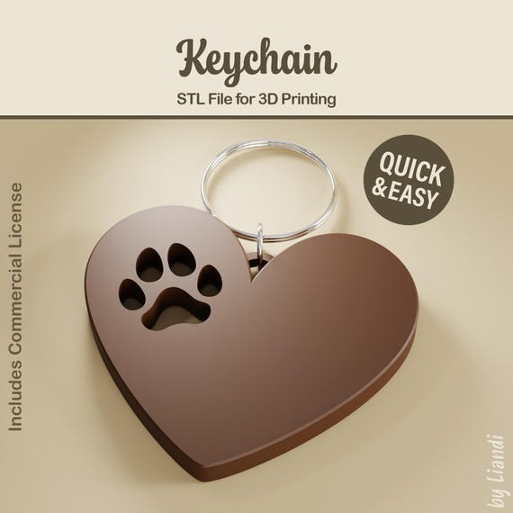 Dog Paw Print Heart STL Keychain - 3D Print File (Digital Download, Commercial Use)