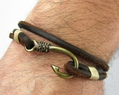Leather Bracelet,Fish Hook Bracelet in Brown Leather,Beige Rope,Bronze Fish Hook Bracelet, Anchor Bracelet, Men 39 s and women 39 s Bracelet