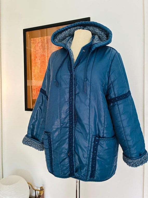 Marks & Spencer, Vintage 1980s St Michael Navy Blue Detachable Hooded Parka Fleece Lined Retro Coat UK 14 British Heritage