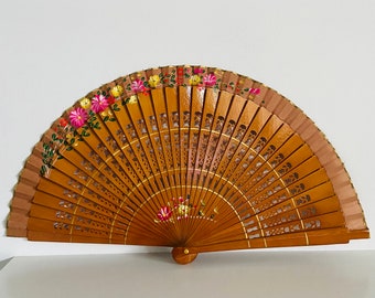 vintage Souvenir Spanish Hand Fan Wood & fabric Hand Painted