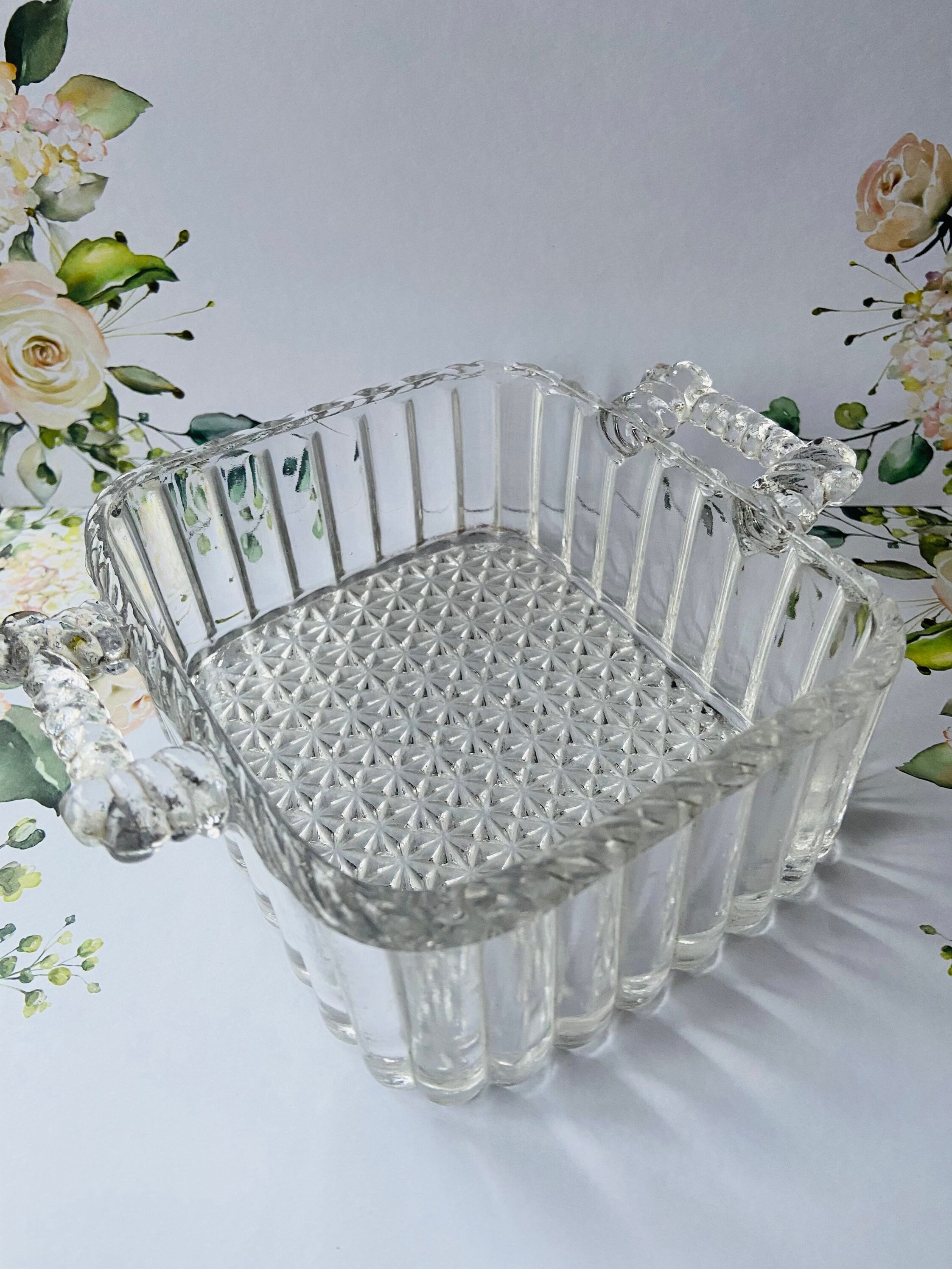 Square Ribbed Glass Vintage Clear Depression Glass Basket/bonbon Bowl, Square Ribbed Glass ...