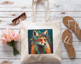 Boho Fox Canvas Tote Bag, boho fox, fox baby, fox bag, fox tote, fox gift, grocery tote, boho tote, boho bag, animal tote, animal bag, foxes