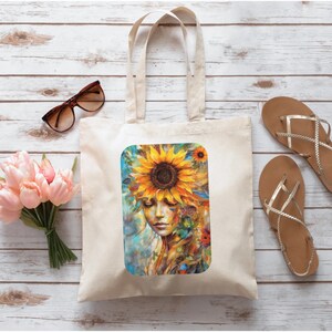 sunflower girl Canvas Tote Bag, sunflower gift, sunflower tote bag, sunflowers, sun flowers, grocery tote, gardening bag, floral tote bag