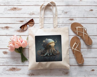 May include: A white tote bag with a blue and gold octopus wearing a star-patterned hat. The octopus is on a dark blue background with white stars and raindrops. The bag has brown leather handles.