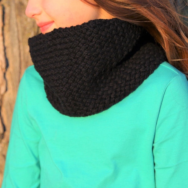 Cotton Multi Purpose Black Knit Cowl - fall accessories - women's neck warmer - infinity scarf - black cowl - ear warmer - chunky knit cowl