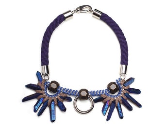 MIDNIGHT WATERS Indigo Blue necklace with blue quartz crystals. Deep Navy Blue. Purple.