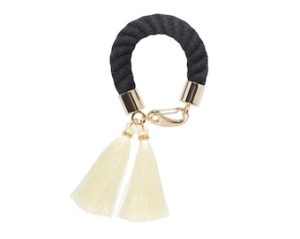 BLACK WATER statement rope bracelet in black with cream silk tassels, rope bracelet, statement bracelet, cord bracelet, bracelet with tassel