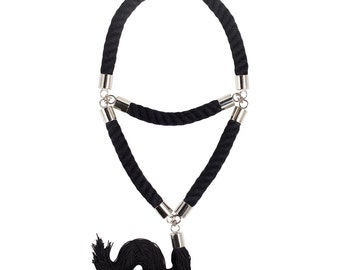 NAPHTHA triangle long necklace with black fringe tassel. statement jewelry, rope necklace, boho necklace, bold jewelry, oversized necklace