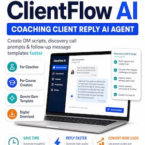 Puede incluir: Una pantalla de portátil muestra la interfaz "ClientFlow AI", diseñada para coaching y comunicación con el cliente. La imagen destaca la capacidad de crear scripts de DM y automatizar respuestas. El diseño es limpio con acentos azules y blancos.