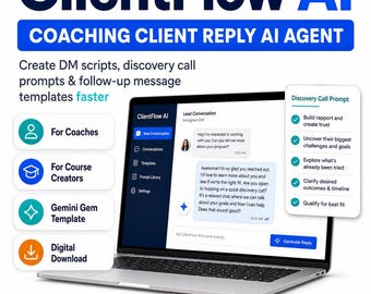 May include: A laptop screen displays the "ClientFlow AI" interface, showcasing features for coaching and client communication. The image highlights the ability to create DM scripts and automate replies. The design is clean with blue and white accents.
