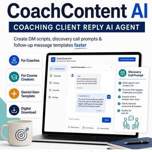 Puede incluir: Imagen promocional de CoachContent AI, un agente de respuesta de IA para clientes de coaching. La imagen presenta una computadora portátil que muestra la interfaz del software, una taza de café con un gráfico de destino e iconos de soporte. El texto incluye "Crea scripts de DM, indicaciones de llamadas de descubrimiento y plantillas de mensajes de seguimiento más rápido."