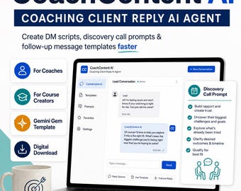May include: A promotional image for CoachContent AI, a coaching client reply AI agent. The image features a laptop displaying the software interface, a coffee mug with a target graphic, and supporting icons. Text includes "Create DM scripts, discovery call prompts & follow-up message templates faster."