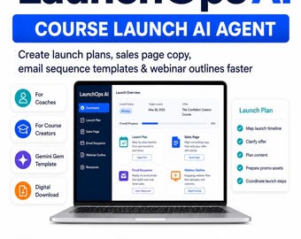 May include: A laptop displays the "LaunchOps AI" interface, designed for course creators. The screen shows a launch plan, sales page, and email sequence options. The image promotes faster launches, time-saving features, and clear messaging.