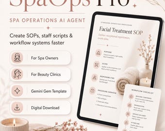 May include: A digital tablet displays "SpaOps Pro" and "Facial Treatment SOP" text. The image includes a lit candle, flowers, and a workflow checklist. The text promotes creating SOPs, staff scripts, and workflow systems faster for spa owners and beauty clinics.