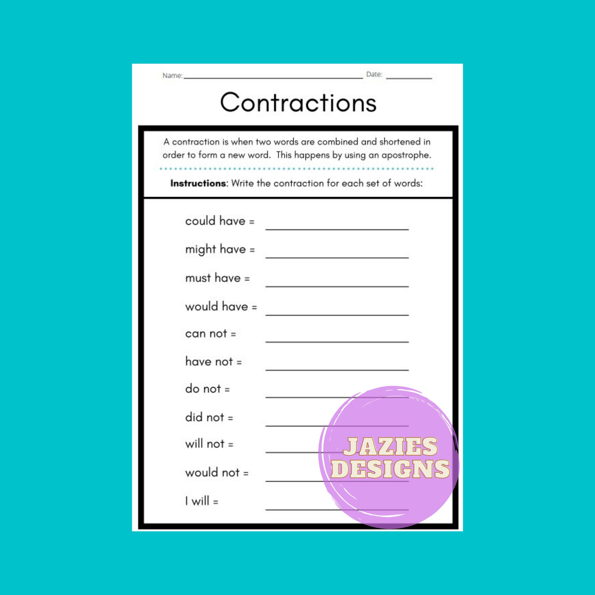 Contractions Worksheet Spelling Writing Vocabulary  Etsy With Contractions Worksheet 3rd Grade