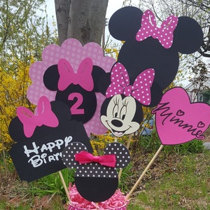 Gorgeous Set of 6 Centerpiece picks/Minnie Mouse party/ Birthday Party centerpiece Sticks/Minnie Mouse Picks/Pink & Black Minnie Mouse