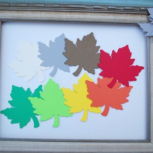 May include: A set of nine paper maple leaves in various colors, including white, gray, brown, red, yellow, green, and orange. The leaves are arranged in a frame on a white background.