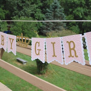 Crown BABY SHOWER Banner Baby Girl Princess Birthday Party Banner One Year Old Prop Decoration Pink Glitter Ribbon Garland Pennant Bunting image 3