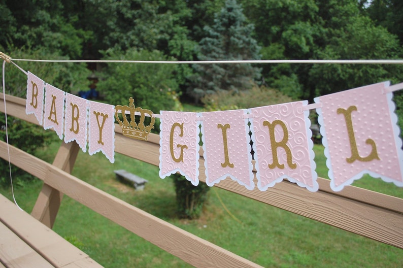 Crown BABY SHOWER Banner Baby Girl Princess Birthday Party Banner One Year Old Prop Decoration Pink Glitter Ribbon Garland Pennant Bunting image 3