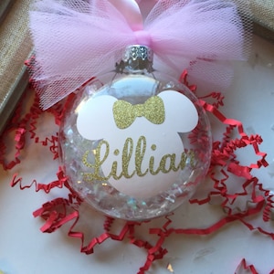 Minnie Ornament personalized Christmas Glass Ornament for Disney Mickey Fan Girl Pink and Glitter Gold Ornament Tulle Birthday Gift 1st Xmas