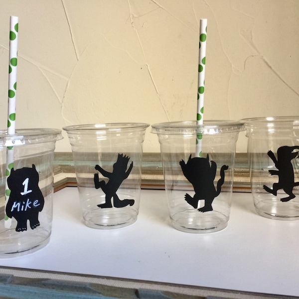 Vasos de fiesta de Donde viven los monstruos Vasos de plástico desechables Etiquetas de pizarra Etiquetas con nombres Decoración de mesa Pajitas de papel Suministros para fiesta de primer cumpleaños
